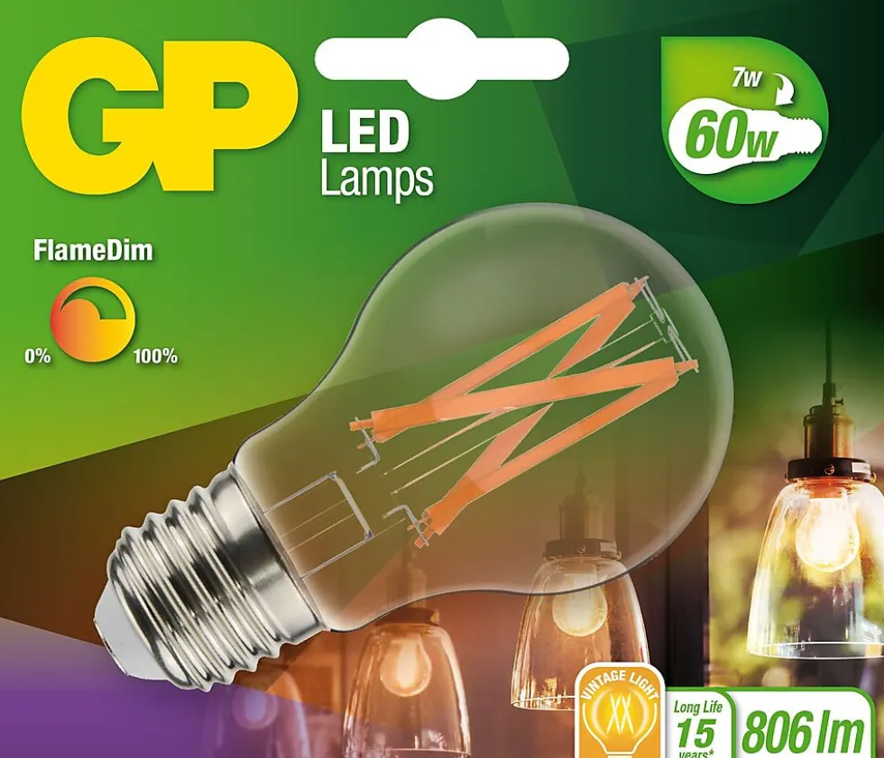 Lyspære led globepære flamedim E27 7 Watt