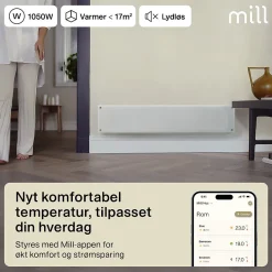 Mill panelovn glass WiFi Gen 4 1050W hvit