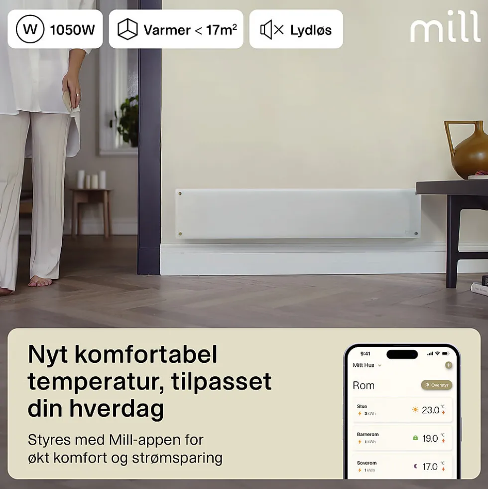 Mill panelovn glass WiFi Gen 4 1050W hvit