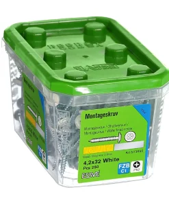 Montasjeskrue hvit 4,2x32 fzb -250 skarp spiss ral 9010 blankforsinket