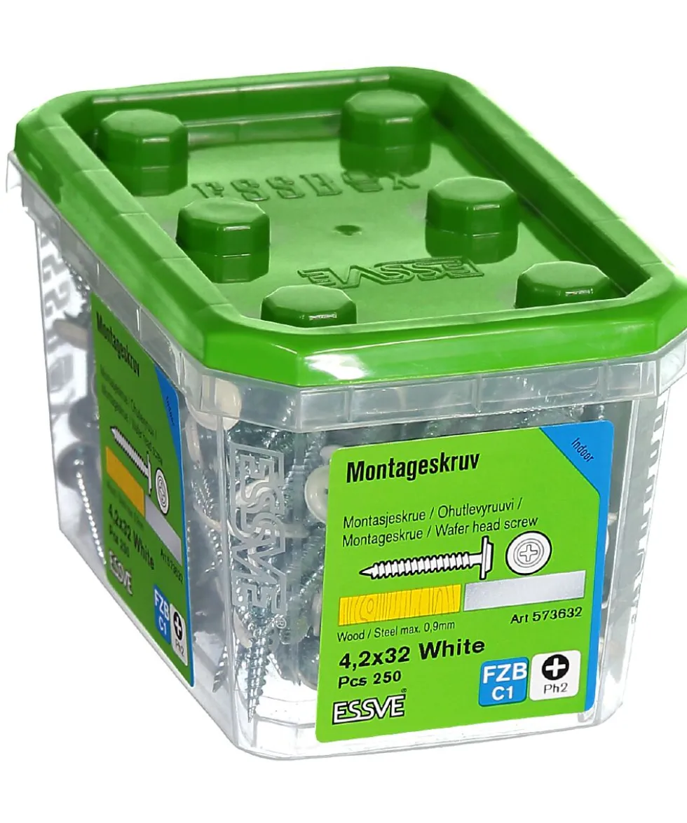 Montasjeskrue hvit 4,2x32 fzb -250 skarp spiss ral 9010 blankforsinket