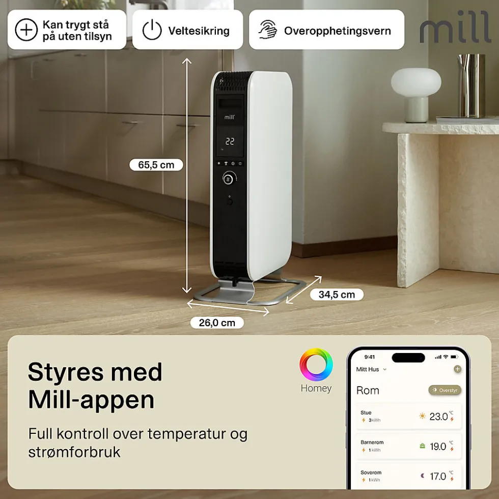 Radiator oljefylt 1500W med WiFi