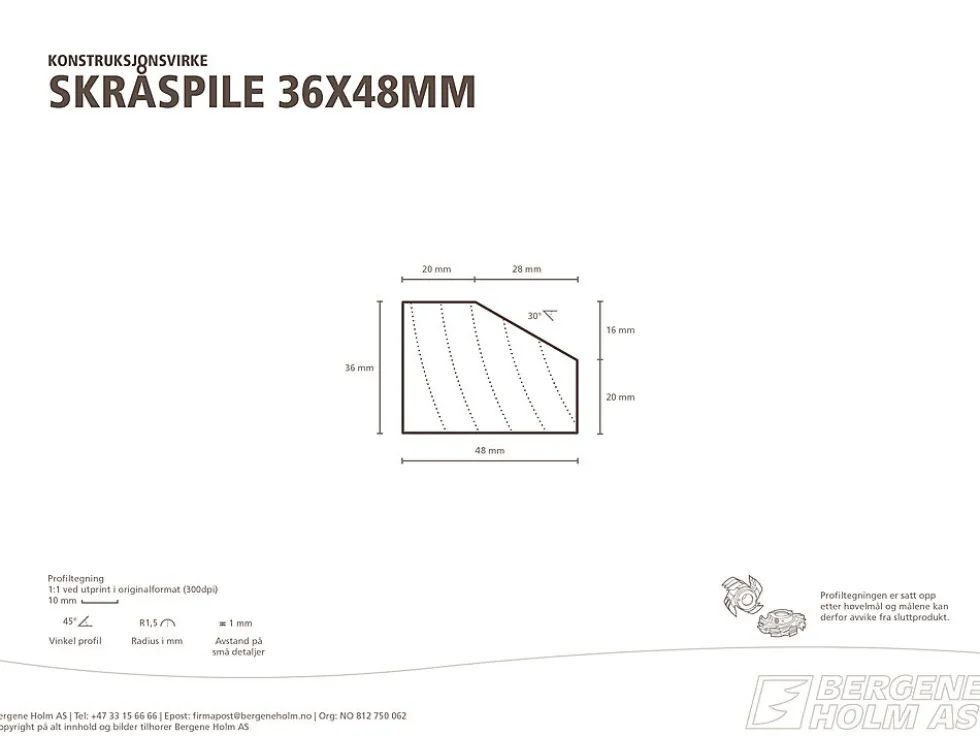 Rekkverkspile skrå impregnert furu 36x48 mm