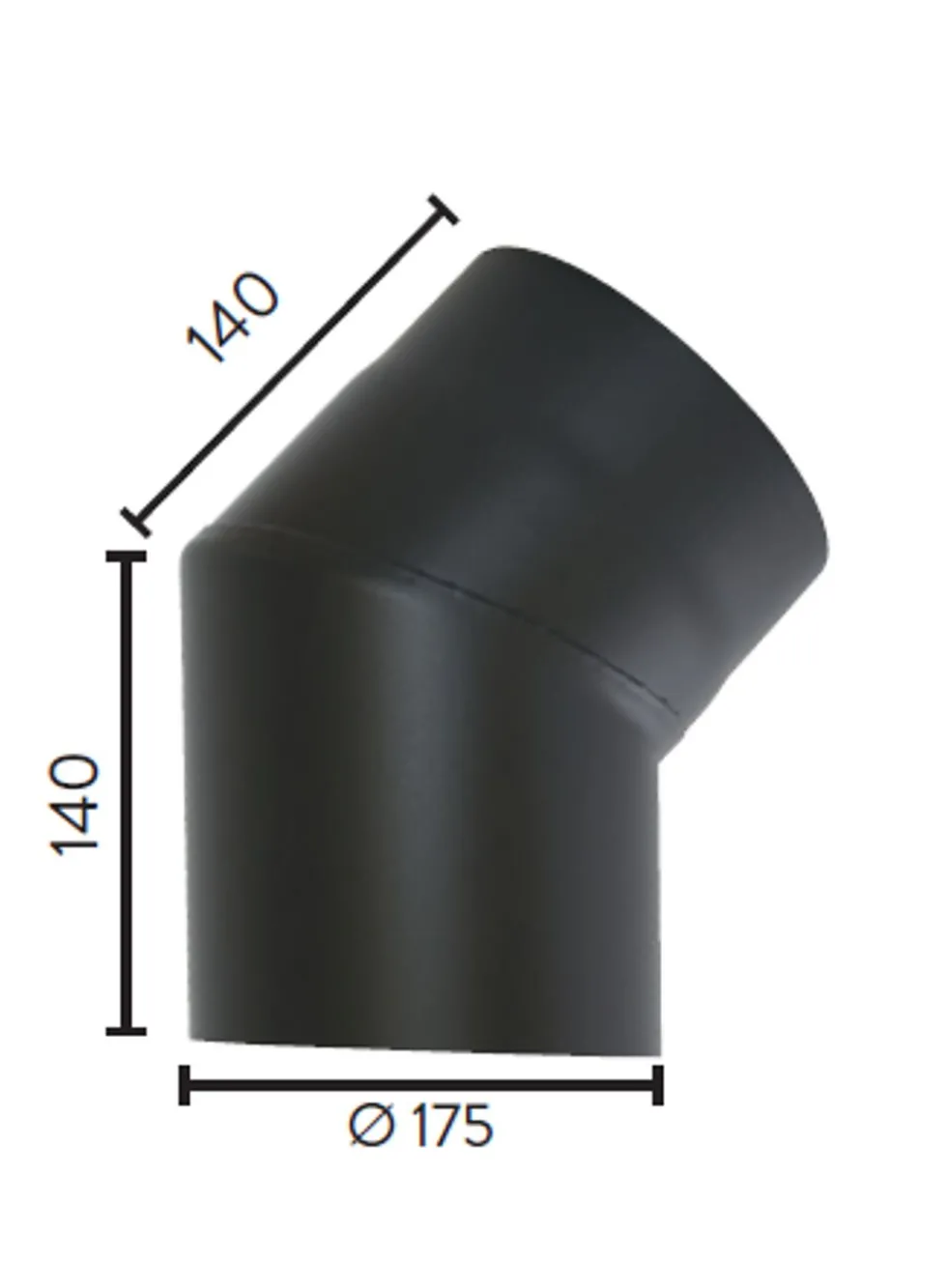 Røykrør ø175 45gr kne uten luke mbe matt sort emalje 2,3mm