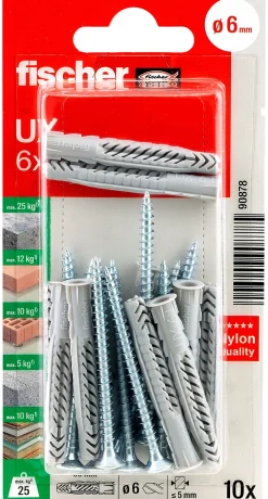 Universalplugg UX 6x50 mm R S med skrue og krage 10 stk